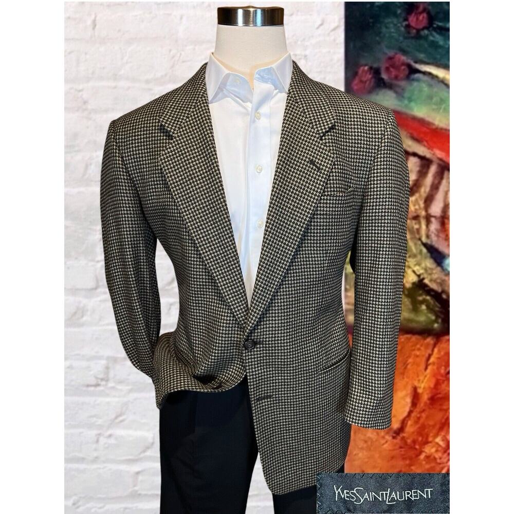 YSL Yves Saint Laurent 46R Black Tan Houndstooth Silk Cashmere Blazer Jacket